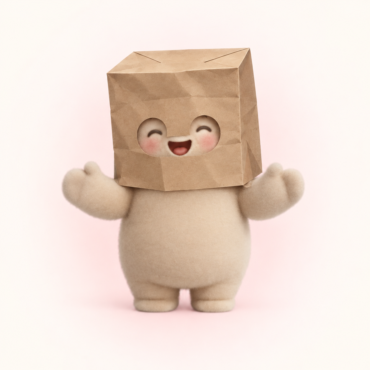 A smiling cream-colored plush character wearing a kraft paper bag